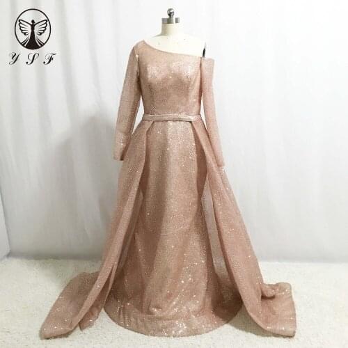 Best Selling Prom Dresses Rose Gold One Shoulder Bling Bling Long Sleeve Mermaid Vestidos De Formature with Overskirt