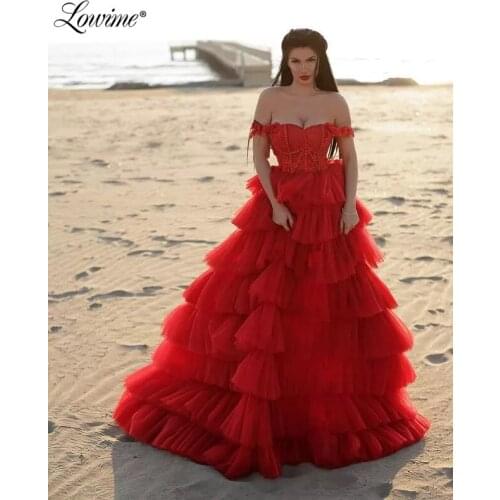Lowime Off The Shoulder Red Evening Dresses Plus Size Tiered Customized Prom Dress Long Applique Beaded Dubai Arabic Party Gowns