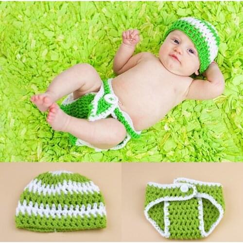 Green Stripe Baby Photography Set Handmade Wool Shooting Clothing Set 100 Days Of Newborn Knitting Souvenir Accessories