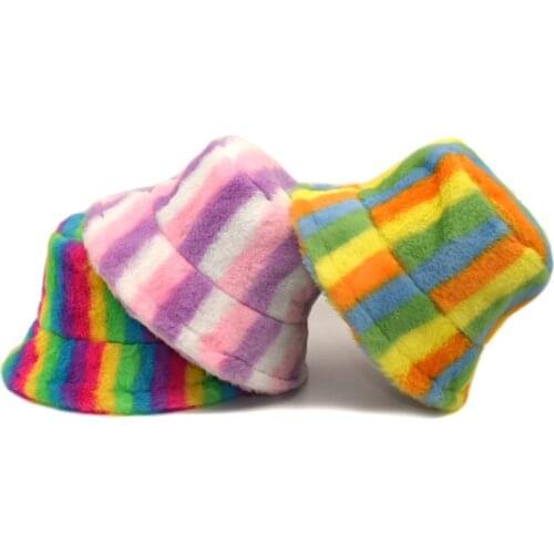 2021 Women Fashion Bucket Hats Colorful Rainbow Fur Plush Sun Hat Cap Fishing Hats Bucket Lady Girl Accessories