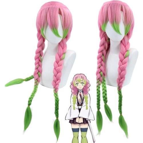 Mitsuri Kanroji Wigs Demon Slayer Cosplay Pink Synthetic Heat Resistant Long Braids Hair Halloween Wig C55K193