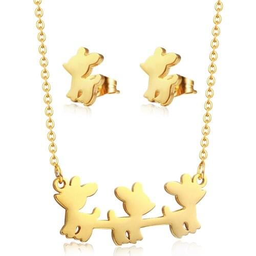 Simple and fashionable puppy titanium steel pendant earring necklace creative cute set gold-plated childrens earring necklace f