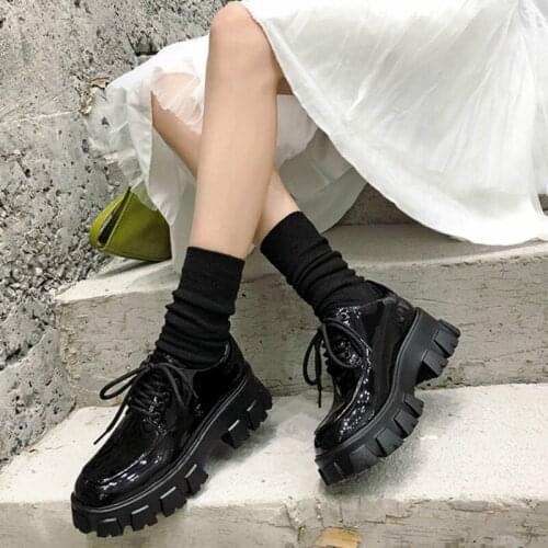 Spring Casual Solid Flat Women Shoes Leather Lace-Up Round Head Loafers Flat Platforms British Style Ladies Oxfords R4-29