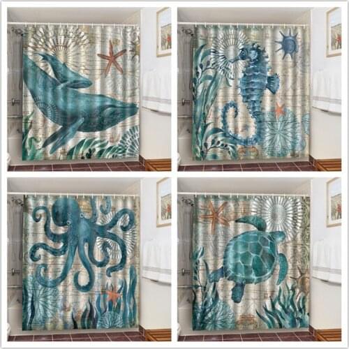 Waterproof Shower Curtains Ocean Life Hippocampus Sea Turtle Whale Octopus Bath Curtains Polyester Bathroom Decor Blackout Tende