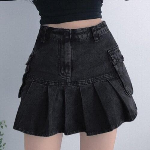 Womens Slim Black Jeans Pocket A Pleated Skirt Skirt Mall Goth High Waist Jean Skirts Y2K Aesthetics Black Denim Pleated Skirts
