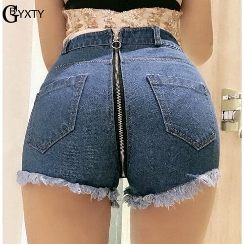 GBYXTY Women Summer Sexy Zipper in Back High Waist Denim Shorts Tassel Ripped Holes Jean Short Mini short taille haute ZA468