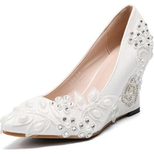 Women Pumps Wedges High Heels Silver Sexy Lace Slip On 8CM Pointed Toe Dress Office & Career Wedding Flower Bling Women Shoes