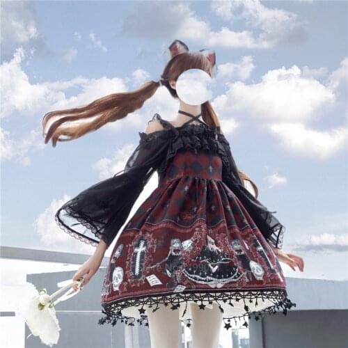 Lolita Ghost Pattern Printed Cosplay Costume for Women Gothic Jsk Ruffle Cross Decorated Retro Strap Tulle Dress Tea Party Skirt