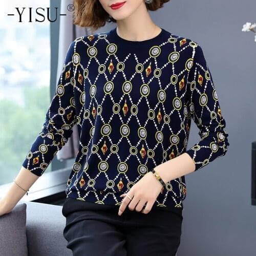 YISU Autumn Winter Women Pullover Sweater Knitted Tops Fashion lattice pattern Printed sweater O-neck Long Sleeve Jumper Women