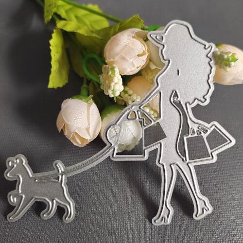 Woman shopping with dog Metal Cutting Dies For DIY Scrapbooking/Card Making/Album Decorative Crafts Handmade Embossing Die Cuts