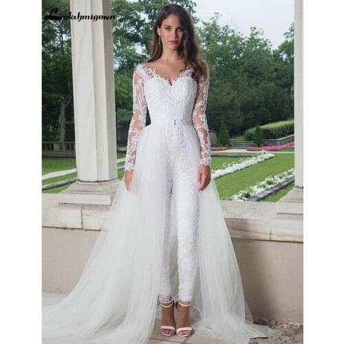 White Jumpsuit 2020 Wedding Dresses With Deatachable Train Long Sleeves Lace Appliqued Bridal Outfit Country Wedding Gowns