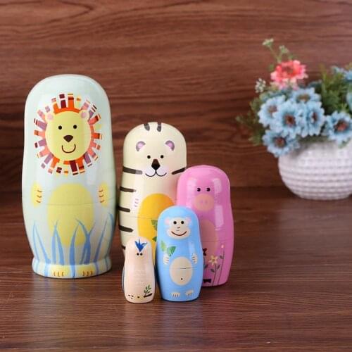 5pcs Cartoon Animal Wood Russian Nesting Matryoshka Dolls Set Color Painted Toys Decoration Ornament Gifts for Kids Girls