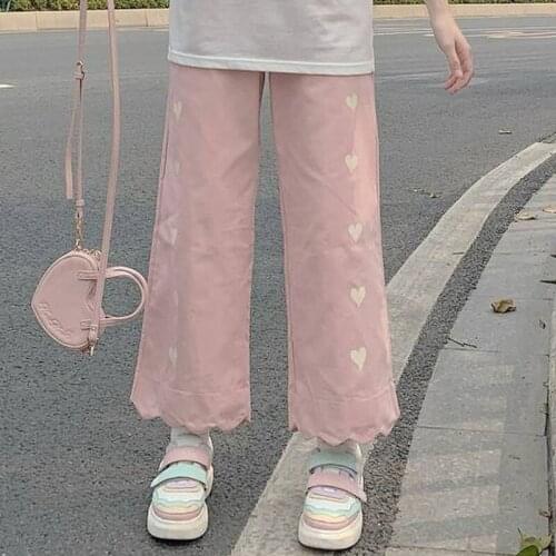 Pants Women Harajuku Heart-print Summer Femme Trousers Loose Casual Cute College All-match High Street Kawaii Mujer Sweatpants