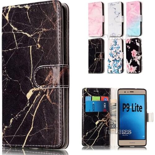 Case For Huawei P9 Lite Fashion Marble Flower Pattern Wallet Magnetic Stand Phone Leather Flip Cover For Huawei P9 LITE