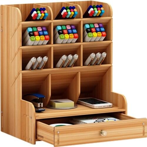 Wood Pen Holder Storage Box Large Capacity Nordic Creative Fashion Simple Multi-Divided Pen Holder Office Desktop Storage Shelf