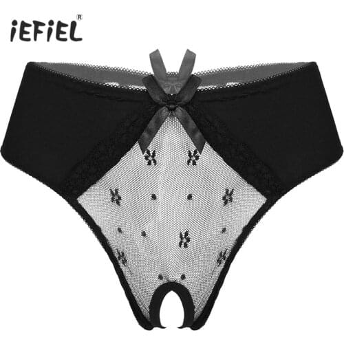 Women Sexy Lingerie Sissy Panties Crotchless Briefs Underwear Bowknot Hollow Out See-through Lace Open Crotch Panties Underpants