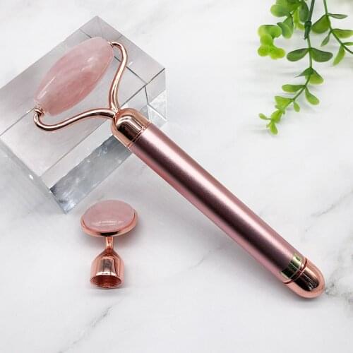 2 In 1 Electric Vibrating Natural Rose Quartz Jade Roller Facial Massager for Face Lifting Massage Roller Skin Care Beauty Tools