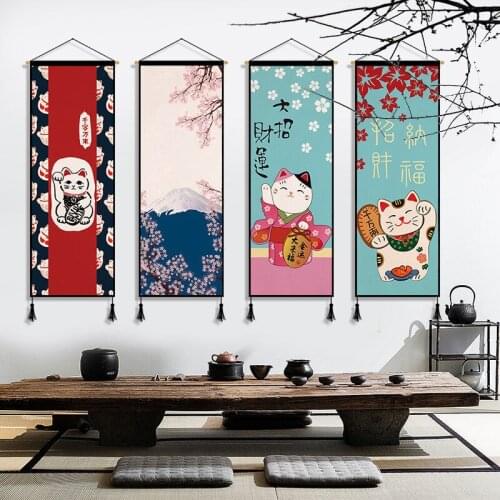 Japanese Style Fortune Cat Wall Art Paintings Sakura Scroll Painting Room Decor Aesthetic Tapestry Living Room Bedroom Poster