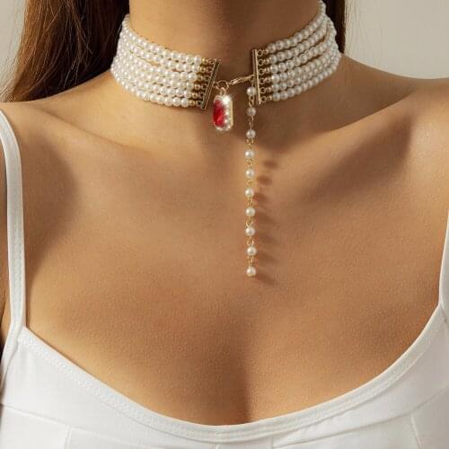 Fashion Women Baroque Round Bead Layered Short Pearl Choker Necklace Square Gem Multi Layers Clavicle Chain Ladies Party Wedding