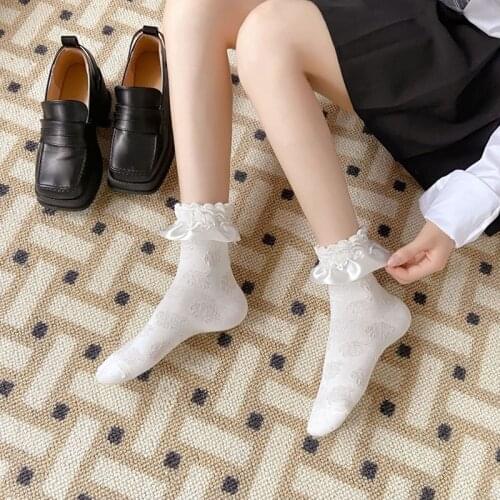 Lolita Socks Frilly Ruffle Cute Lace Kawai Japanese Soft Girl Women Luxury Bowknot Mesh Exquisite Socken White Black Wholesale
