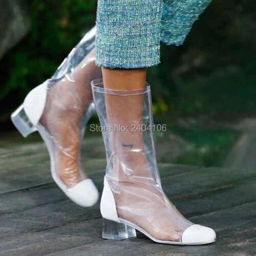New Arrivals Ladies Summer Shoes Crystal Block Heels Rain Boot Patchwork Clear PVC Transparent Ankle Boots Women Plus Size 41-44