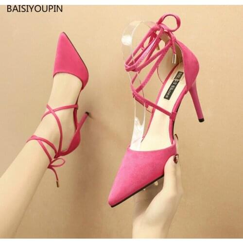 Fashion New Solid Women Pumps Summer Shoes 9.5cm High Heels High-quality Pointed Toe Office Lace-Up Bow Flock Club Female Shoes