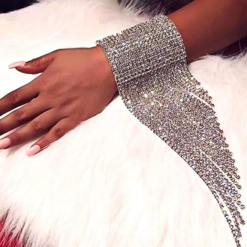 New Fashion Long Tassel Rhinestone Bracelet Hand Jewelry for Women Bridal Crystal Statement Bracelets Wedding Jewellery