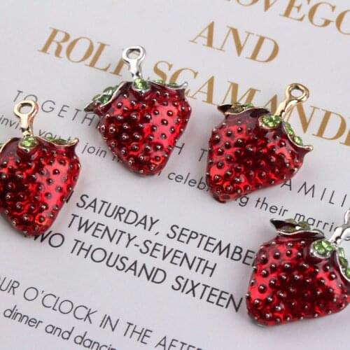 BULK 10 Red Strawberry Enamel Planner Charm with Rhinestone 19*26MM Summer Vibe Tropical Fruit Earring Pendants Jewelry Supply