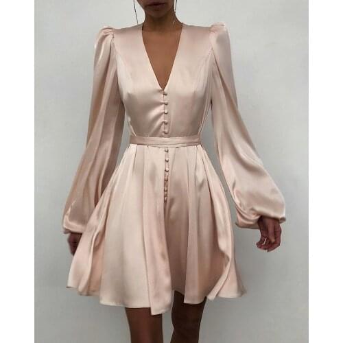 2021 New Year Elegant Satin Women V-Neck Puff Sleeve Party Robes Femme Plain Ruched Button Front Dress Ladies Outfits