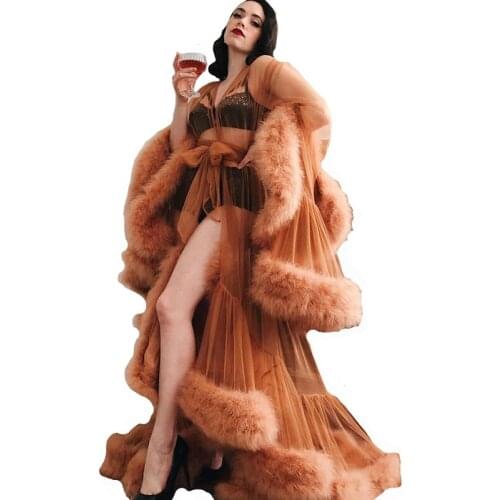 Brown Luxury Fur Women Dressing Gown Long Sleeves Wedding Sleepwear Bathrobes Nightgowns Robes Dress for Performance Kimono