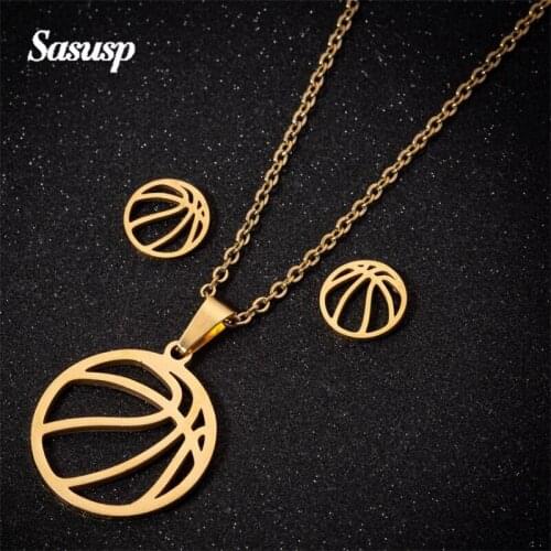 Sasusp Cartoon Basketball Chain Necklace and Earrings Sets For Men and Boys Street Pop Stainless Steel Jewelry