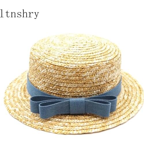 2019 summer straw hat boater hat girls bow summer Hats For Women Beach flat panama straw hat femme 48-52-54-58cm wholesale