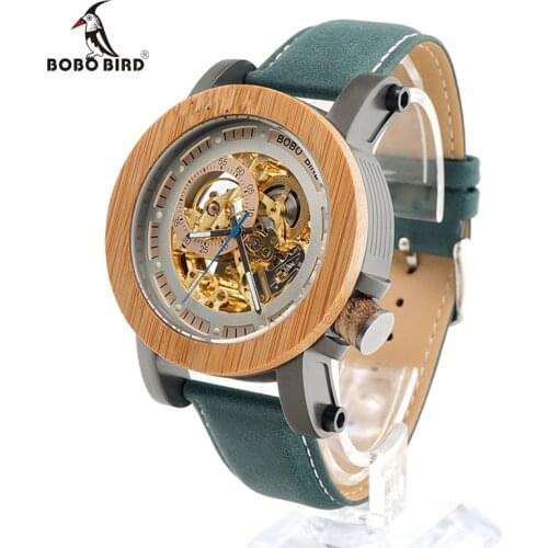 Luminous BOBO BIRD L-K13 Mechanical Wooden Watch with Gold Dial Navy Blue Strap Men Luxury Bamboo Watch Ring in Wood Box