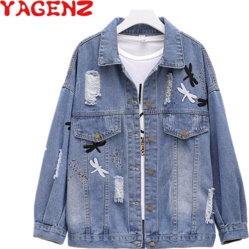 YAGENZ Autumn Jeans Jacket Women Clothes Plus size Dragonfly Embroidered Vintage Denim Coat Women Single-breasted Ropa Mujer 682