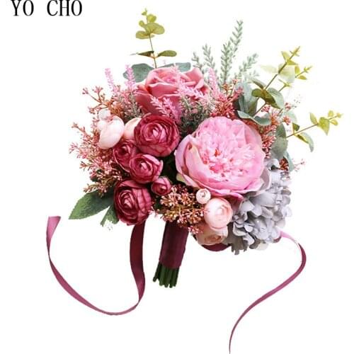 YO CHO Fashion Bride Hand Flowers Beautiful Peony Wedding Bouquets Artificial Rose Silk Flowers DIY Bouquet White Peony Red Rose