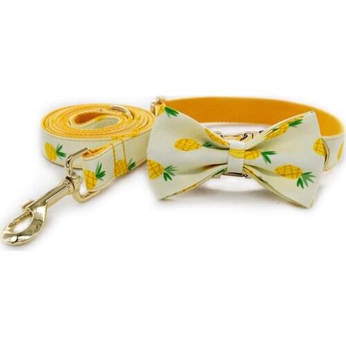 Yellow pineapple dog collar and leash set with bow tie gold metal buckle free engrave name telphone number