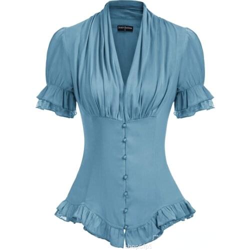Summer Womens Steampunk Gothic Shirt Renaissance Solid Color Tops Clothes Short Sleeve V-Neck Buttons Elegant Ruffled Blouse