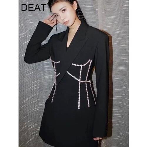 DEAT 2021 NewSpring And Autumn Fashion Casual Long Sleeve Solid Color Slim Patchwork Bling Rhinestone Blazer Coat Womens SL685