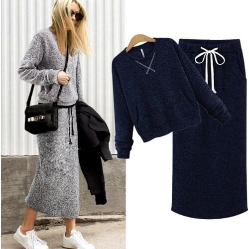 Winter Two Piece Set Women Casual Pockets Pullover + Long Skirts Matching Sets Tracksuit Female Autumn Outfits Lounge Wear
