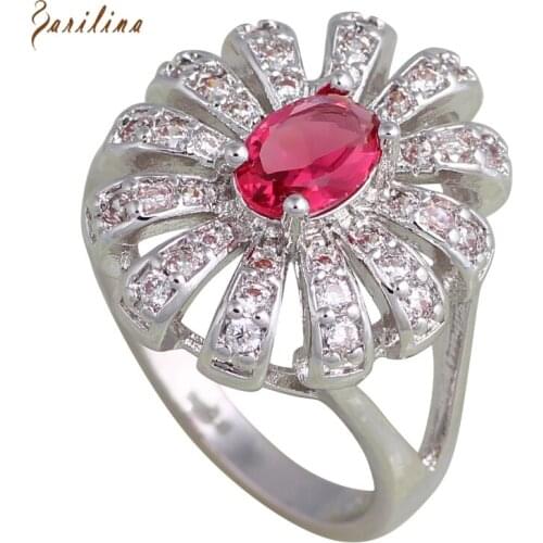 Wedding Accessories Silver Color Hot Pink CZ Rings For Womens Fashion Bijoux Size 5.5 6 6.5 7 7.5 R602