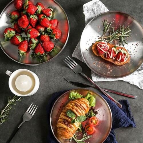 1PC Stainless Steel Double Layer Round Dinner Plate Heat Insulation Dish Anti-scald Bowl Korean Seasoning Dish Kitchen Supplies