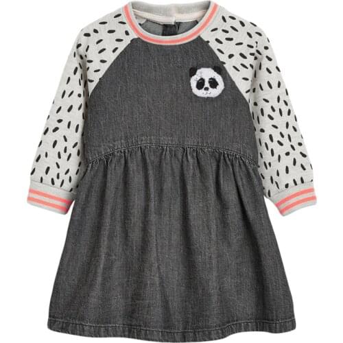 2021 Autumn Baby Girl Clothes Brand Dress Toddler Gift Casual Cotton Contrast Sleeves Panda Print Dresses for Kids 2-7 Years