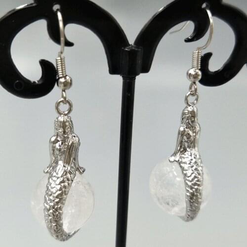 Free Shipping Women Fashion Jewelry 14mm White Crystal Mermaid Spherical Beads Dangle Earrings C5320