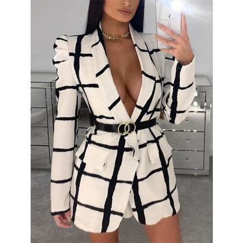 Glamaker Plaid deep v neck sexy blazer women autumn long sleeve white office ladies blazer coat elagent fashion blazer jacket