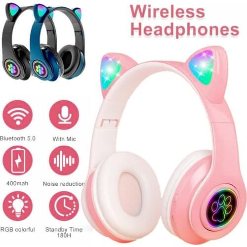 RGB Cat Ear Headset Wireless Bluetooth 5.0 Headphone Gift Cute Cat Ears Shape Luminous Headphone Sport Headset With Microphone