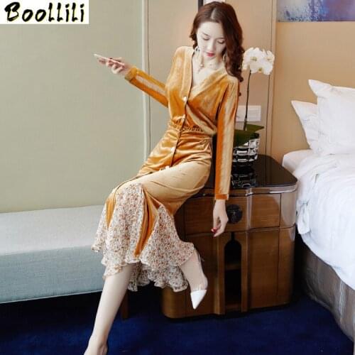 Boollili Velvet Women Set Korean Vintage Two Piece Set Women Clothes 2020 Shirt + Skirt Womens Dresses Party Dress Office Lady