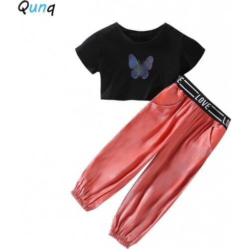 Qunq Girls Clothing Set Butterfly Black T-shirt Red Pant Two Piece Kids Suits 2021 New Fashion Spring Summer Children Outfits