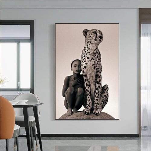 Child with Cheetah Canvas Paintings Nature Animals Posters and Prints Cuadros Wall Art Pictures for Living Room Home Decoration