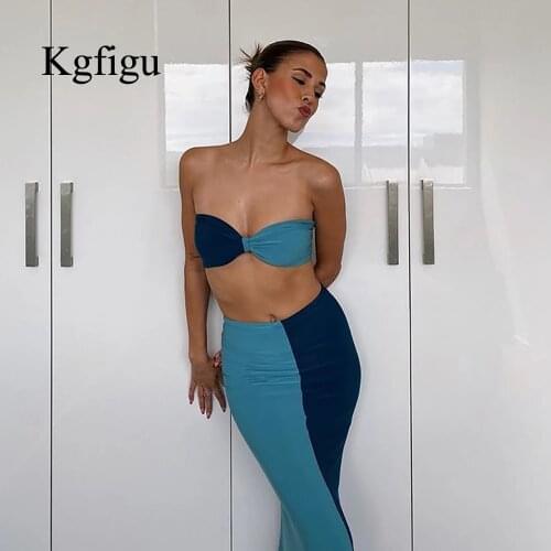 KGFIGU 2021 New Arrival Two Piece Sets Strapless Patchwork Tank Tops Sexy Club Night Skirts Women Bodycon Dresses Clothing