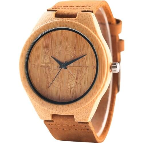 Fashion Wood Wristwatch Handmade Bamboo with Brown Leather Band Simple Design Concise Style Man Woman Unisex relogio masculino